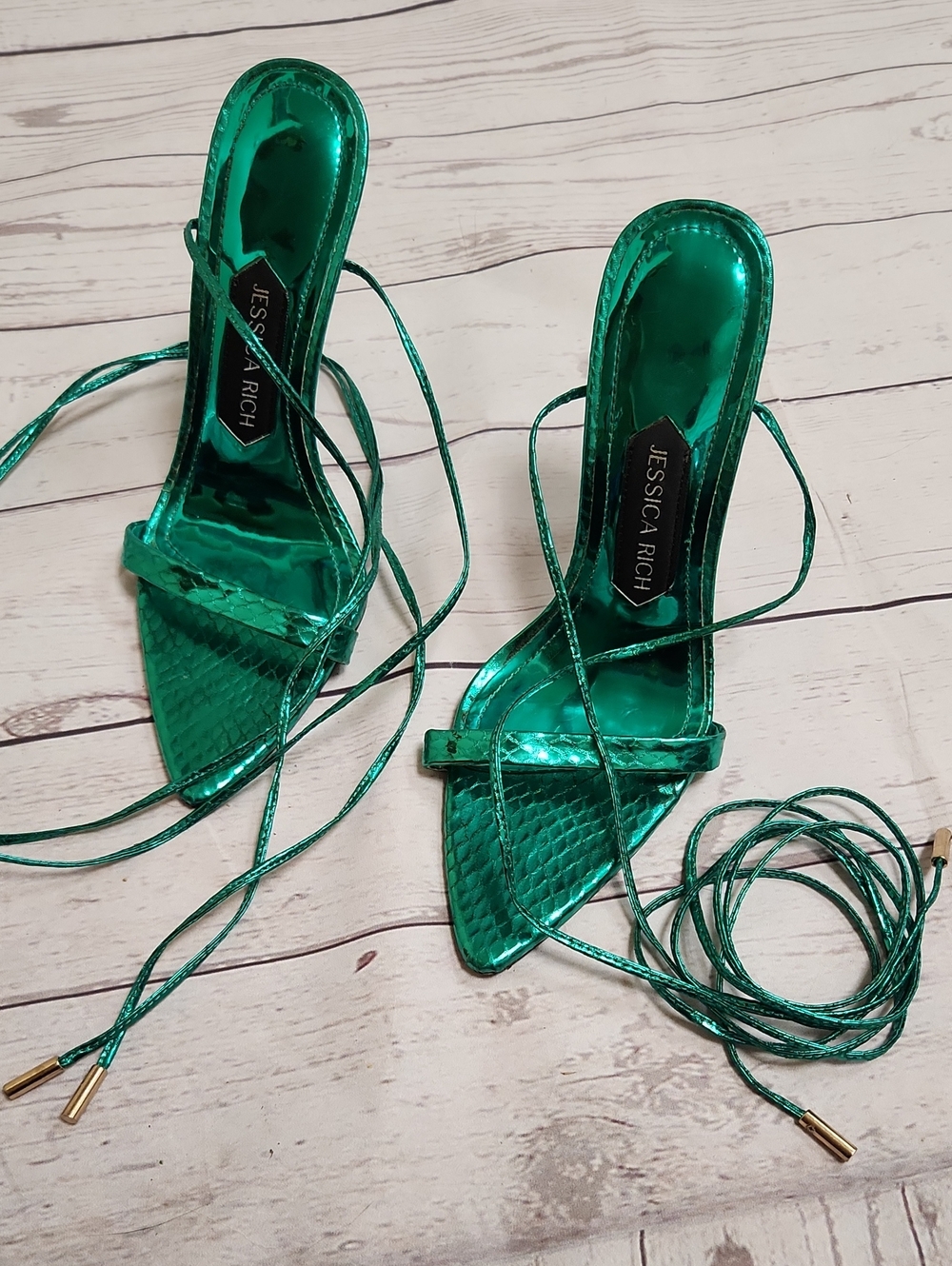 Jessica Rich Metallic Green Lace-Up Pointed Toe Heels
